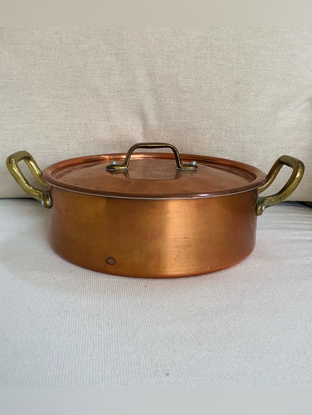 Vintage Copper Lidded Casserole Pot Rondeau with Brass Handles